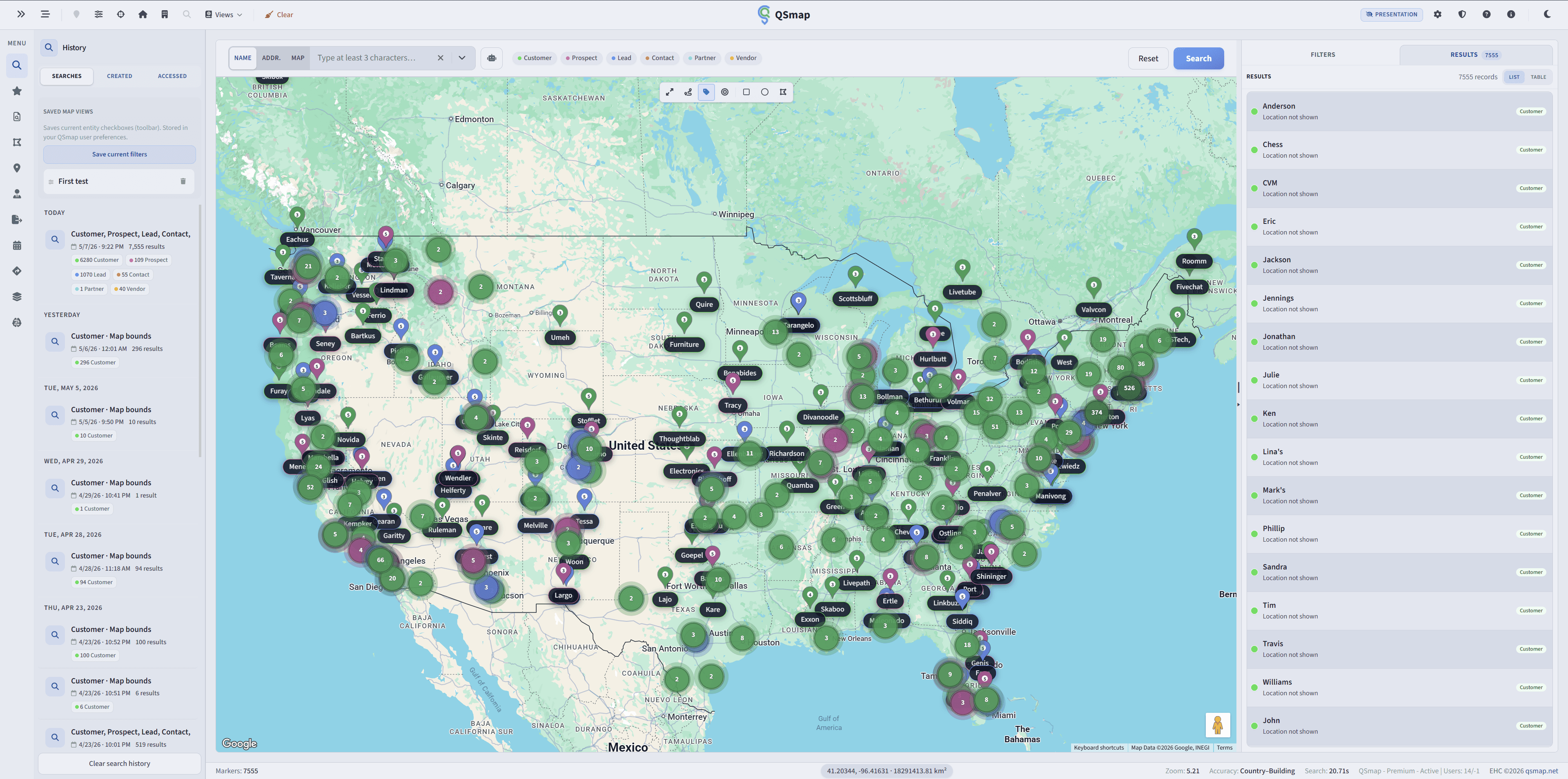 QSmap in NetSuite: map with customer clusters, search bar, filters, and results list