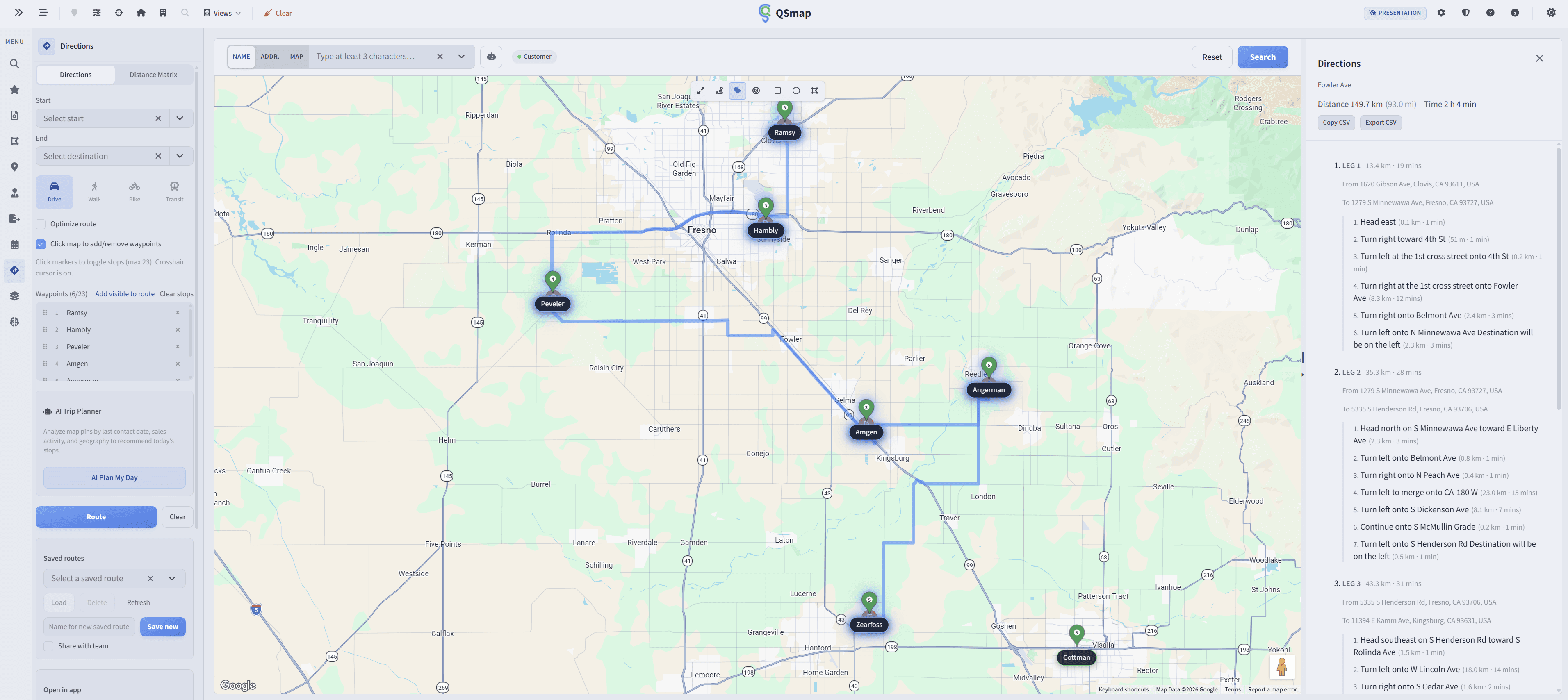 QSmap route planning: map showing optimized stop sequence with numbered waypoints and travel path